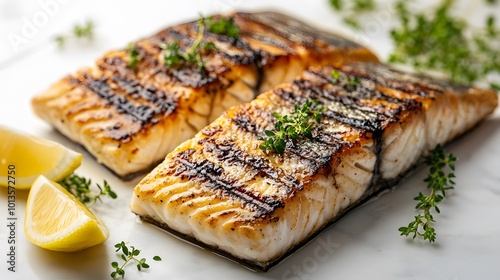 Grilled mackerel fillets on a white marble tabletop are garnished with herbs and lemon, emphasizing gourmet presentation and culinary art in a rustic, high-contrast food photography style.