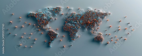 Illuminated world map composed of colorful lights and shadows on a grey background.