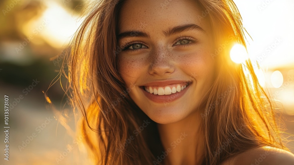 Young woman with freckles smiling in sunset light.