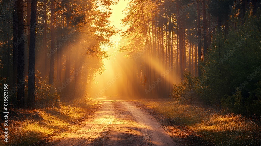 Fototapeta premium A serene forest pathway illuminated by golden sunlight, surrounded by tall trees and a peaceful atmosphere.