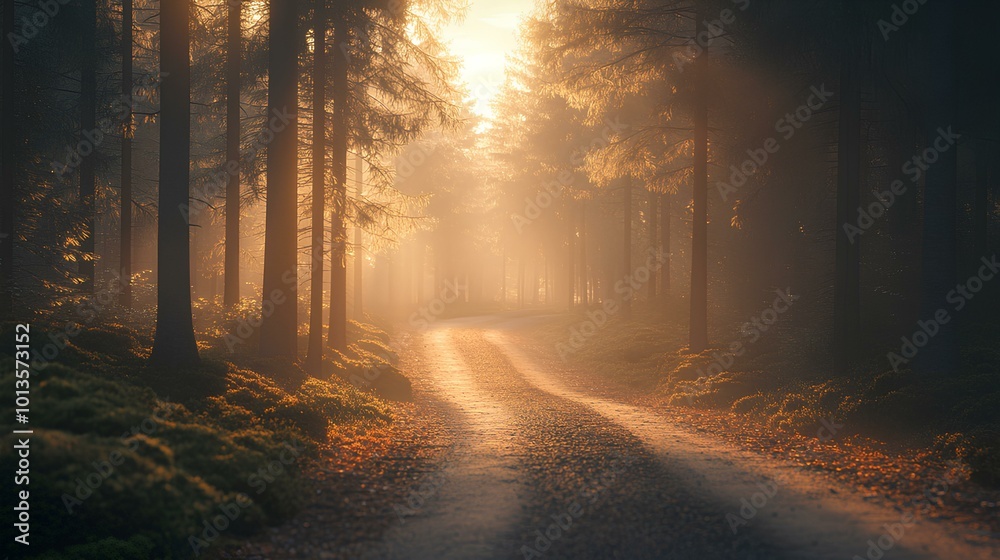 Obraz premium A serene forest scene bathed in warm sunlight, illuminating a winding path through tall trees and fallen leaves, creating a tranquil atmosphere.