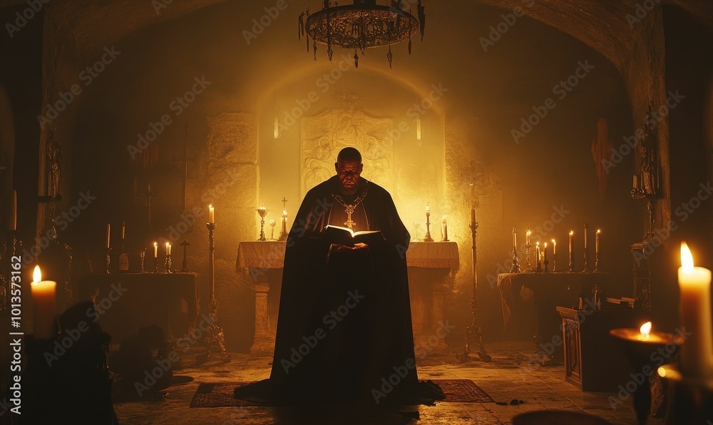 Silhouetted priest praying in a dimly lit chapel.
