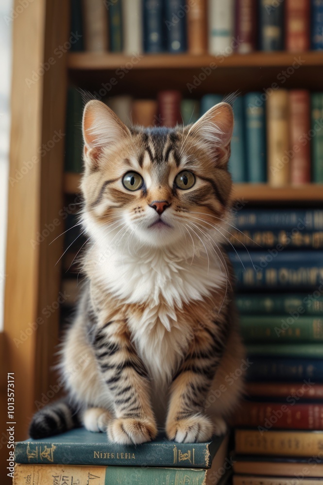 realistic illustration of a cute cat in front of a bookshelf realistic illustration of a cute cat in front of a bookshelf