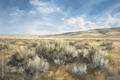 Desert landscape with sagebrush under a blue sky with clouds. Oil painting style illustration. Sagebrush. Ayuurveda. Ayurvedic herbs. Generative AI
