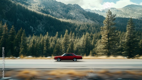 A red car speeds along a highway surrounded by lush green forests and mountains under a bright blue sky.