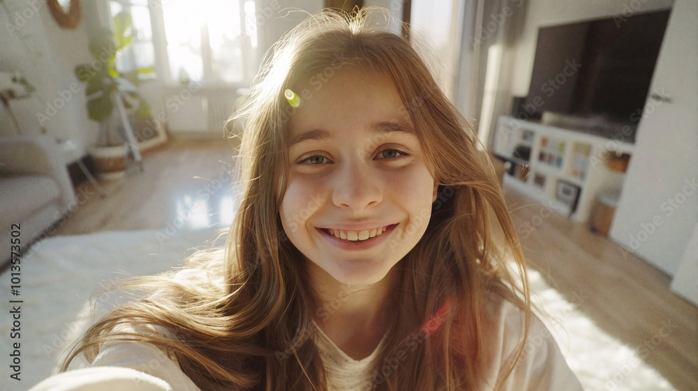 Smiling girl taking a selfie in a sunlit room with cozy decor Smiling girl taking a selfie in a sunlit room with cozy decor