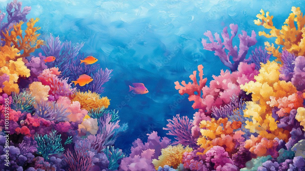 Fototapeta premium Vibrant coral reef scene with colorful corals and tropical fish swimming gracefully. underwater landscape showcases variety of hues, creating serene and lively atmosphere