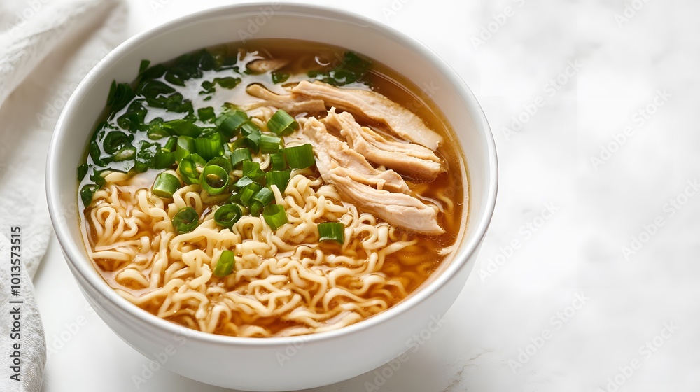 A bowl of instant ramen noodles features rich broth, green onions, and tender chicken, elegantly styled on a white marble table, showcasing soft lighting and high-detail food photography. A bowl of instant ramen noodles features rich broth, green onions, and tender chicken, elegantly styled on a white marble table, showcasing soft lighting and high-detail food photography.