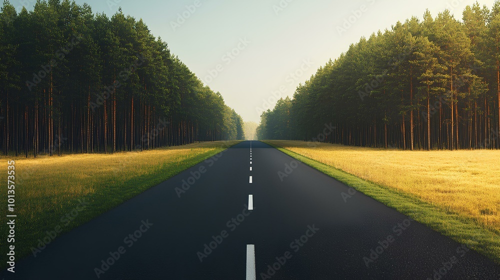 Fototapeta premium A serene road stretches through lush greenery, flanked by trees on either side, inviting exploration and adventure.