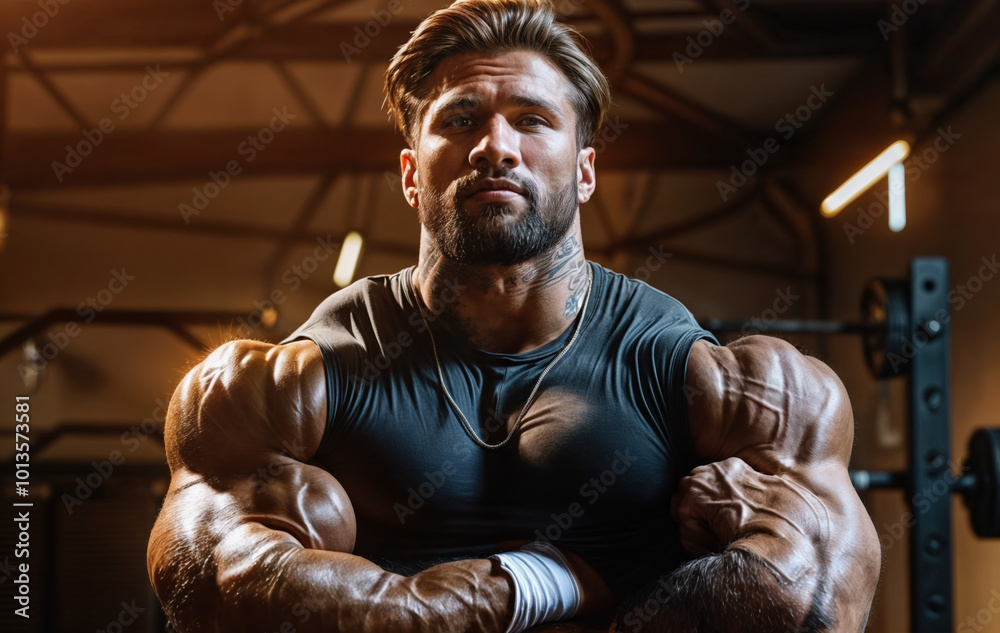 A muscular man with tattoos flexing his arms in a gym. He is wearing a black shirt and has a beard.