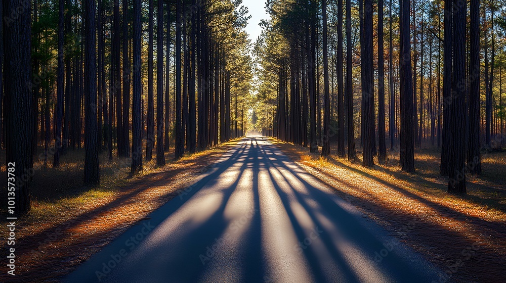 Fototapeta premium A tranquil road winding through tall trees, illuminated by soft sunlight, with shadows casting on the pavement amidst autumn leaves.