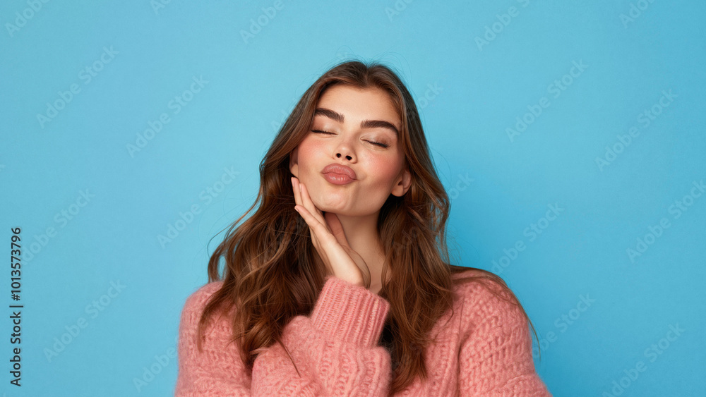 Playful young woman in a pink sweater blowing a kiss against a blue background Playful young woman in a pink sweater blowing a kiss against a blue background