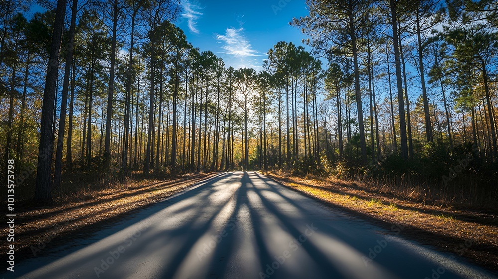 A serene road lined with tall trees under a bright sky, offering a peaceful pathway through a lush landscape. A serene road lined with tall trees under a bright sky, offering a peaceful pathway through a lush landscape.