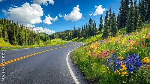 A picturesque winding road surrounded by lush greenery and colorful wildflowers under a bright blue sky with fluffy clouds.