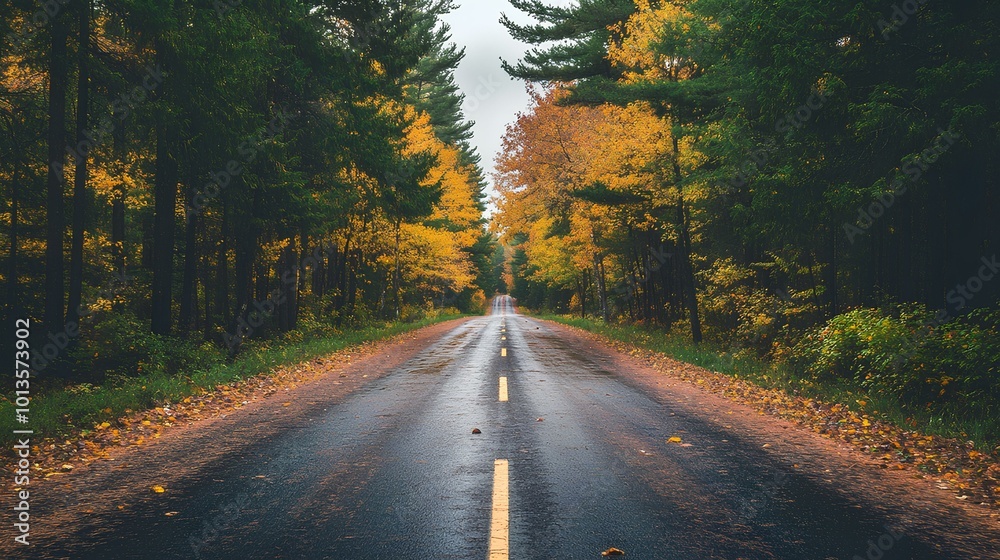 Fototapeta premium A serene road surrounded by trees with autumn foliage, inviting exploration through vibrant colors and a tranquil atmosphere.