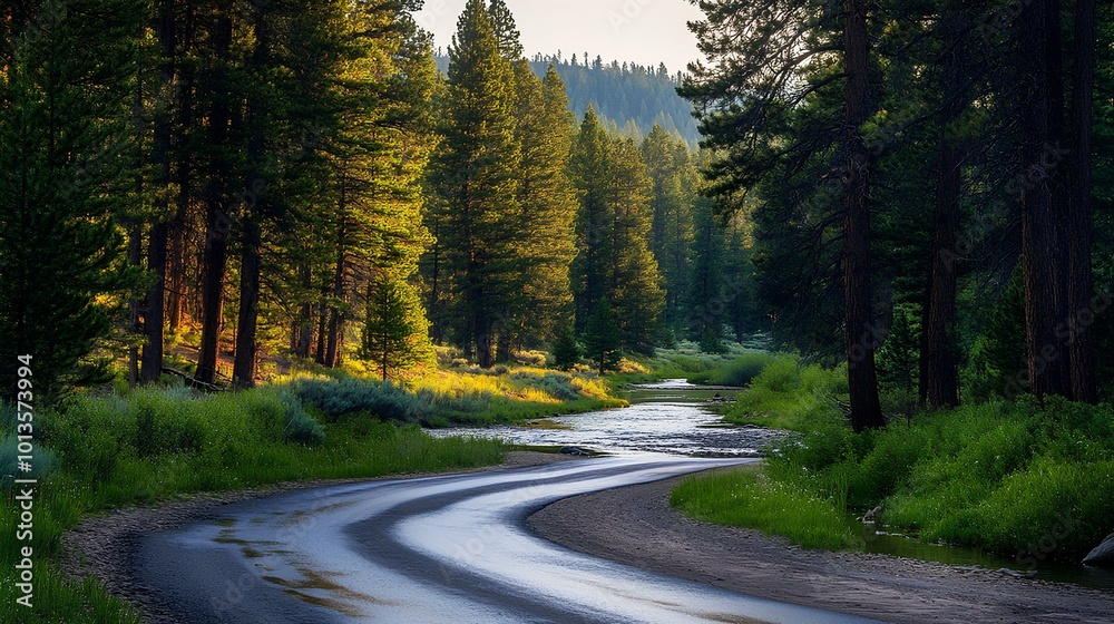 Fototapeta premium A winding river flows through a lush forest, illuminated by sunlight filtering through tall trees, creating a serene and picturesque landscape.