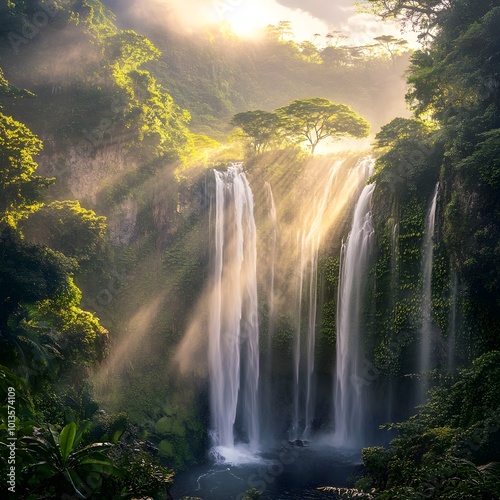 Breathtaking Waterfall Cascading Through Lush Tropical Jungle Landscape