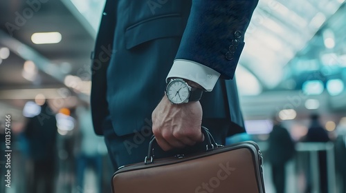 Businessman Waiting in Line at Airport Security With Luggage