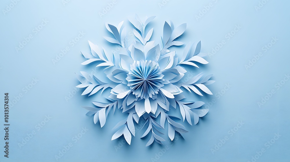 An intricate light blue paper snowflake showcases a delicate cutout design against a pale backdrop, highlighting minimalist winter art with a clean composition and soft shadows.