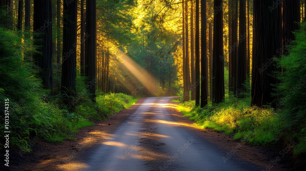 Fototapeta premium A serene forest path with sunlight filtering through tall trees, creating a peaceful, natural atmosphere.