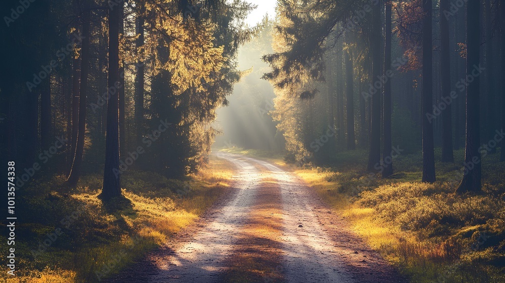 Obraz premium A sunlit forest path surrounded by tall trees, showcasing vibrant autumn colors and a peaceful atmosphere.