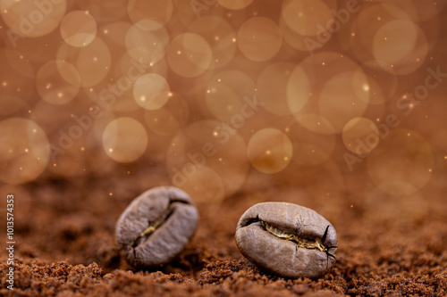 Coffee beans on ground coffee background photo