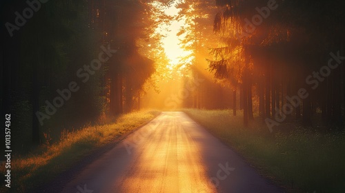 A serene forest road bathed in golden sunlight, creating a warm and inviting atmosphere amidst the tall trees.