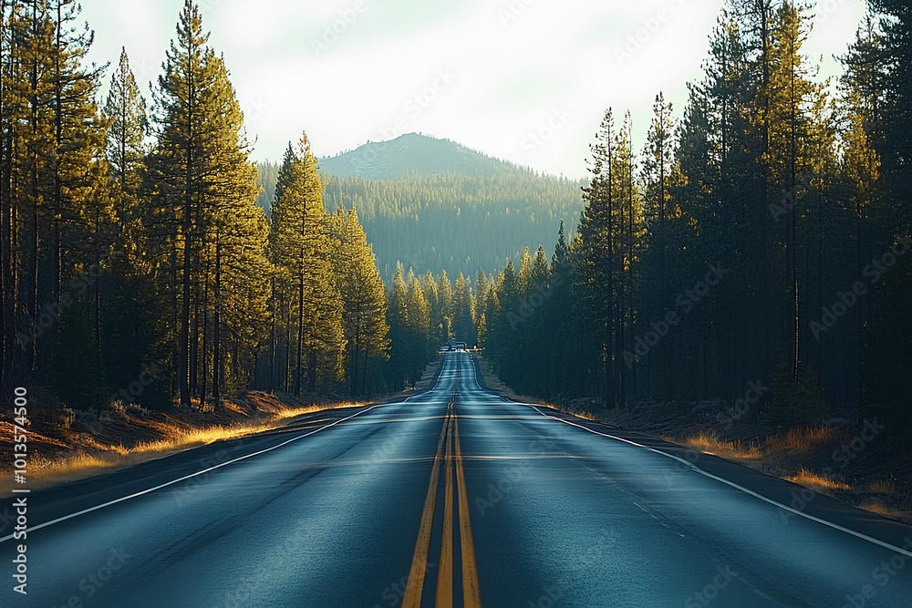 Road trip with pine forest backdrop, car in motion capturing travel spirit Road trip with pine forest backdrop, car in motion capturing travel spirit