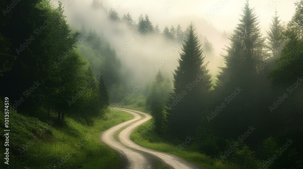 A winding path through a serene, misty forest filled with tall evergreen trees, creating a tranquil and enchanting atmosphere.