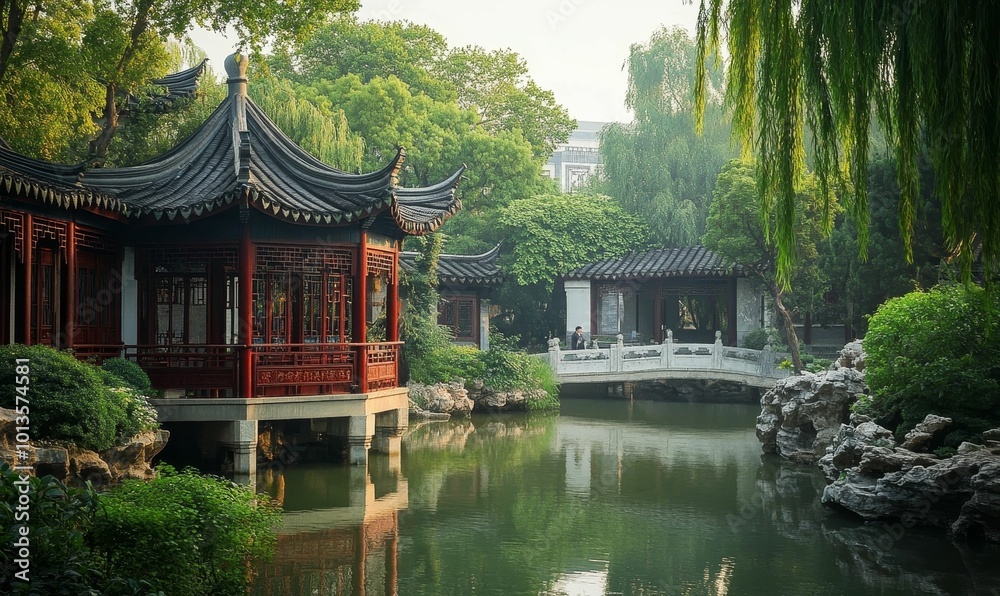 Serene Chinese garden with a pond and bridge.