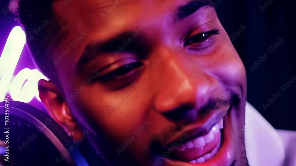 Joyful expression of a young man singing into microphone under neon lights Joyful expression of a young man singing into microphone under neon lights