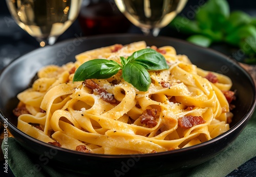 A close-up of a plate of creamy pasta with basil.
