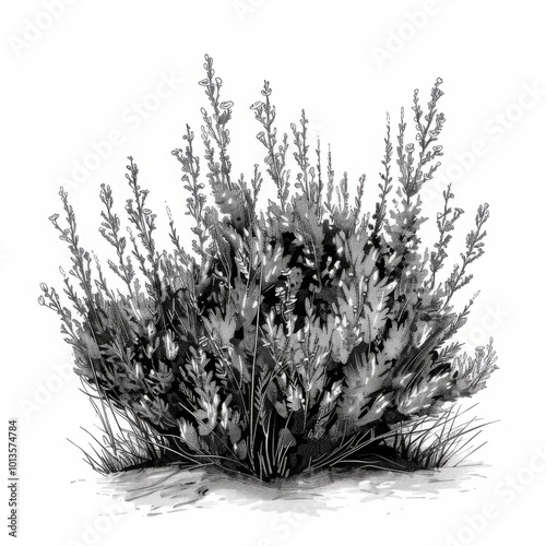 Botanical illustration of a bush with detailed leaves and branches. Black and white ink drawing style. Sagebrush. Ayuurveda. Ayurvedic herbs. Generative AI