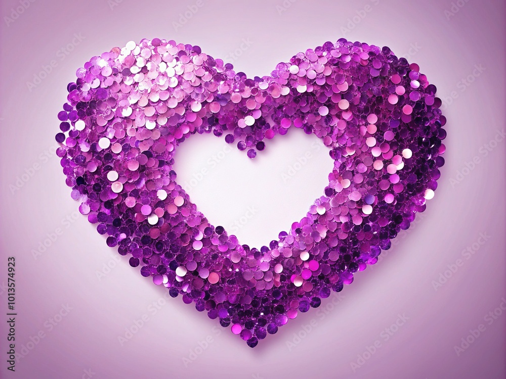 Vibrant violet sparkle sequins form a heart shape on a soft pink background, creating a festive and romantic greeting card or invitation template with empty space. Vibrant violet sparkle sequins form a heart shape on a soft pink background, creating a festive and romantic greeting card or invitation template with empty space.