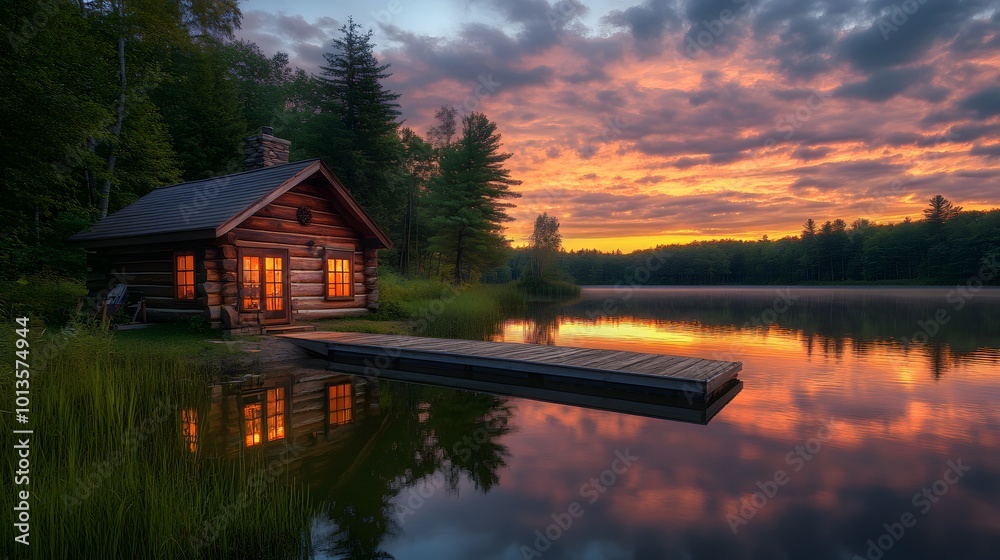 A lakeside log cabin at dusk features a vibrant sunset sky reflected on calm water, with warm light spilling from windows, capturing the essence of a cozy rustic retreat. A lakeside log cabin at dusk features a vibrant sunset sky reflected on calm water, with warm light spilling from windows, capturing the essence of a cozy rustic retreat.