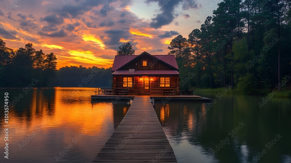 A lakeside log cabin at dusk features a vibrant sunset sky reflected on calm water, with warm light spilling from windows, capturing the essence of a cozy rustic retreat. A lakeside log cabin at dusk features a vibrant sunset sky reflected on calm water, with warm light spilling from windows, capturing the essence of a cozy rustic retreat.