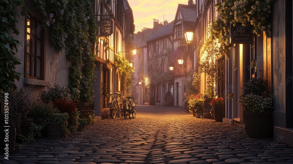 A charming cobblestone street at sunset, with the soft, golden light illuminating the buildings and casting a peaceful ambiance A charming cobblestone street at sunset, with the soft, golden light illuminating the buildings and casting a peaceful ambiance