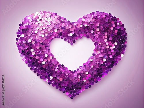 Vibrant violet sparkle sequins form a heart shape on a soft pink background, creating a festive and romantic greeting card or invitation template with empty space.