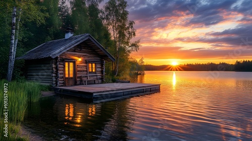 A lakeside log cabin at dusk features a vibrant sunset sky reflected on calm water, with warm light spilling from windows, capturing the essence of a cozy rustic retreat.