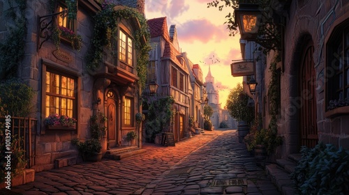 A charming cobblestone street at sunset, with the soft, golden light illuminating the buildings and casting a peaceful ambiance