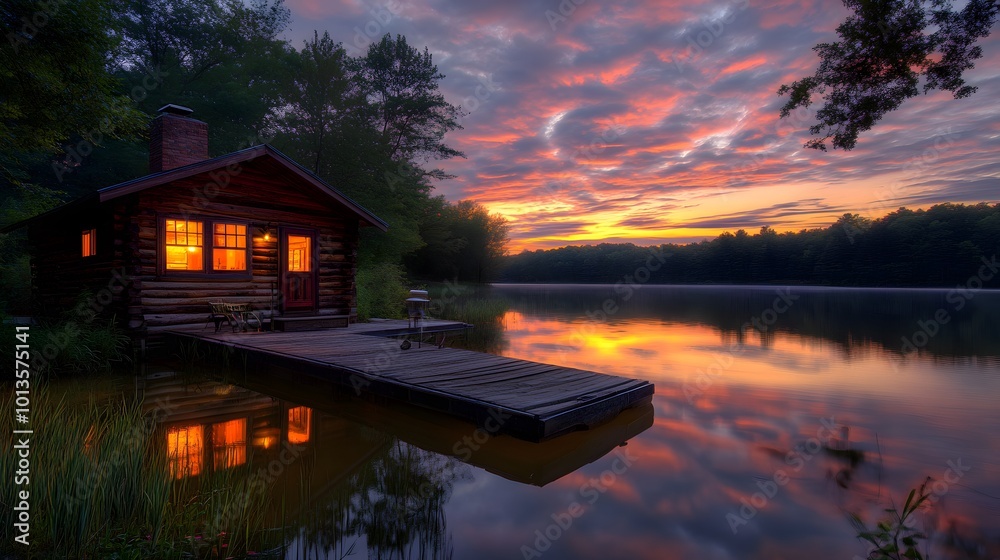 A lakeside log cabin at dusk features a vibrant sunset sky reflected on calm water, with warm light spilling from windows, capturing the essence of a cozy rustic retreat. A lakeside log cabin at dusk features a vibrant sunset sky reflected on calm water, with warm light spilling from windows, capturing the essence of a cozy rustic retreat.