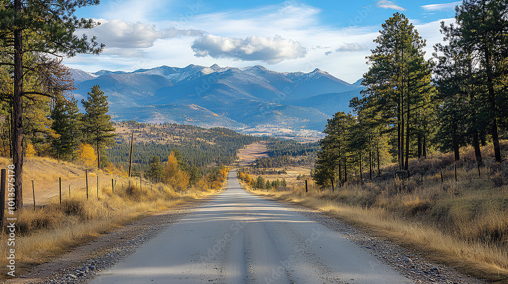 Road with a distant view of mountains, pine trees framing the scene, majestic and vast
