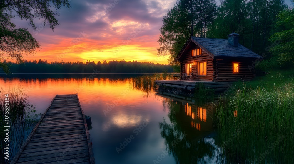 A lakeside log cabin at dusk features a vibrant sunset sky reflected on calm water, with warm light spilling from windows, capturing the essence of a cozy rustic retreat. A lakeside log cabin at dusk features a vibrant sunset sky reflected on calm water, with warm light spilling from windows, capturing the essence of a cozy rustic retreat.