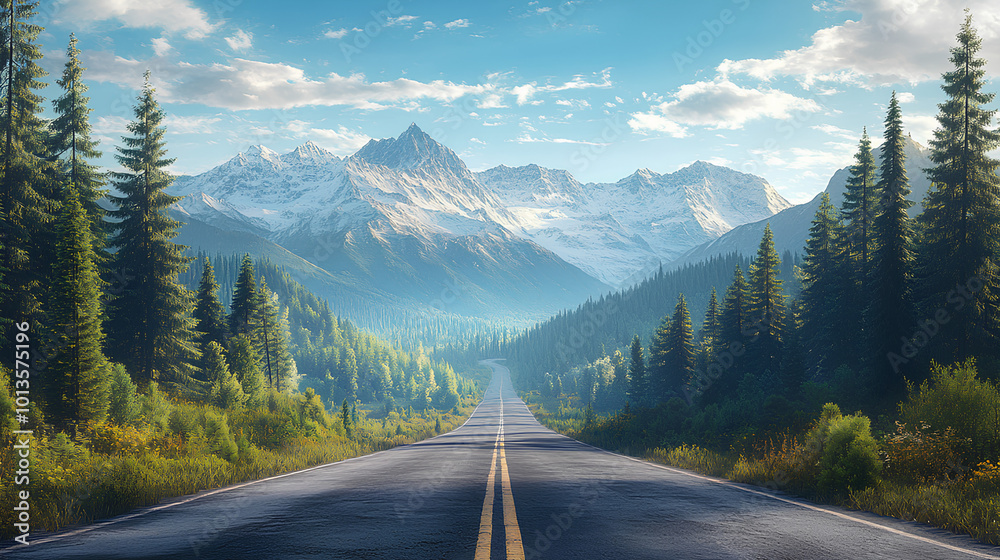 Road with a distant view of mountains, pine trees framing the scene, majestic and vast Road with a distant view of mountains, pine trees framing the scene, majestic and vast