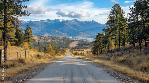 Road with a distant view of mountains, pine trees framing the scene, majestic and vast
