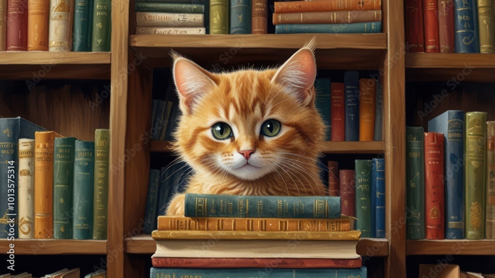 realistic illustration of a cute cat in front of a bookshelf realistic illustration of a cute cat in front of a bookshelf