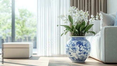 A classic Chinese porcelain flowerpot with blue and white patterns, placed in a modern interior.