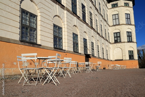 Nice spring day. Empty furniture outside. Skokloster, Sweden. April 2024. photo