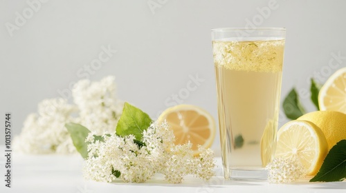 A clear glass of elderflower and lemon tea on a white surface, leaving plenty of space for text or branding