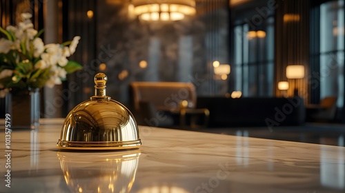 A luxurious golden service bell rests on a polished marble countertop in an elegant hotel lobby, characterized by warm ambient lighting and reflective surfaces that convey a hospitality atmosphere.